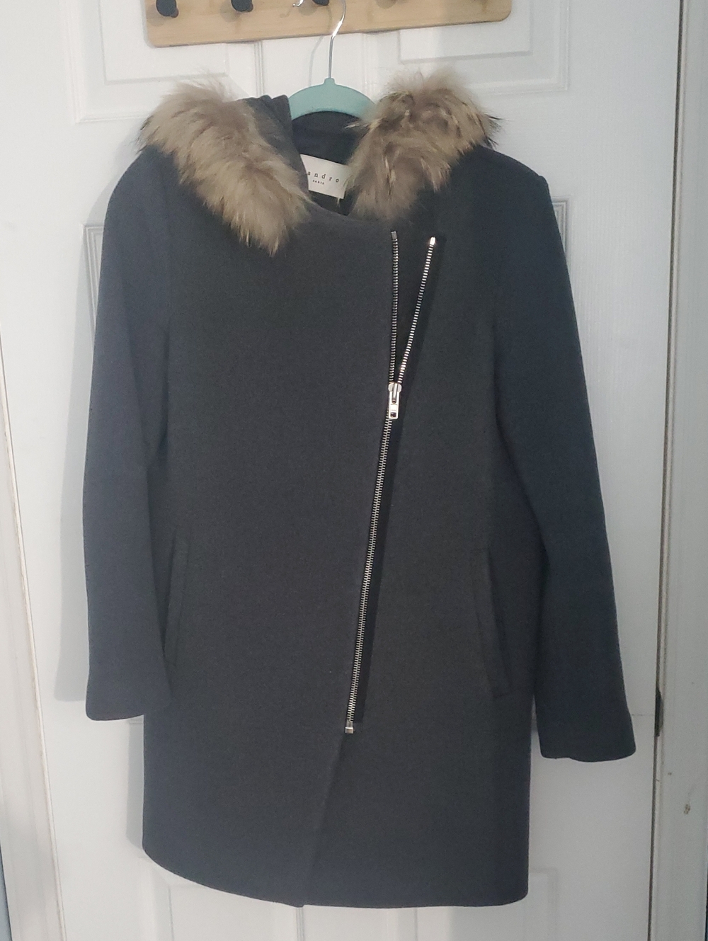 Women's Dark Gray Trench Coat with Faux Fur Collar